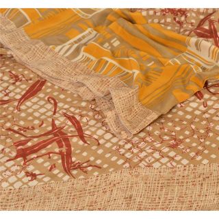 Sanskriti Vintage Indian Printed 100 Pure Crepe Silk Sarees Brown Sari Craft So 2