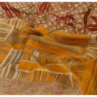 Sanskriti Vintage Indian Printed 100 Pure Crepe Silk Sarees Brown Sari Craft So 3