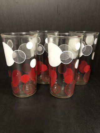 Vintage Mcm Red And White Polka Dot Drinking Glasses Set Of Four 6” Tall