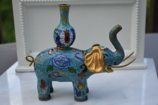 Vintage Cloisonne Elephant Figurine 8 " X 7 " Brass Tusks Blue Floral