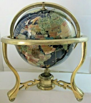 Vintage Gemstone Lapis Lazuli Globe - Compass On Gold Brass Revolving Stand 13 " X11