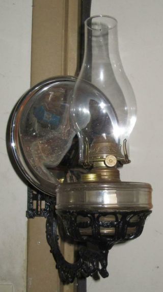Antique Cast Bracket Lamp W/ Font,  Chimney,  & Merecury Glass Reflector