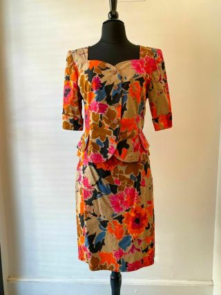 Vintage Emanuel Ungaro Floral Abstract Print Ensemble Set Blouse Skirt Suit Wow