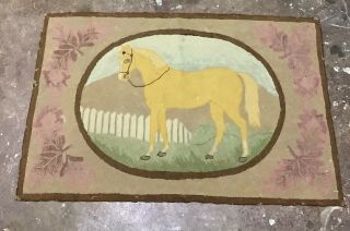 Vintage Handmade Hooked Rug With Horse