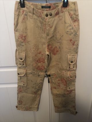 Lauren Ralph Lauren Vintage Safari Linen Cargo Pants Floral Print Sz 6 Tan