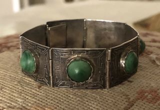 Antique Vintage Mexican Sterling Silver And Green Malachite Bracelet