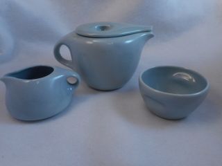 Vintage Russel Wright Tea Set Teapot Sugar Bowl Creamer Blue Iroquois Duralaine