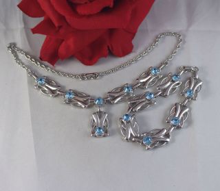 Vintage Blue Rhinestone Silver Tone Necklace & Bracelet Set Cat Rescue