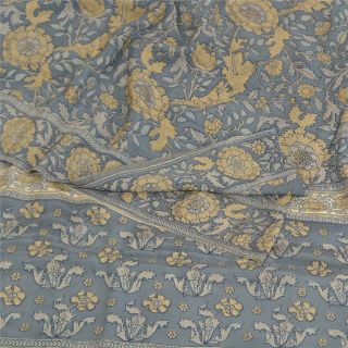 Sanskriti Vintage Grey Sarees 100 Pure Crepe Silk Printed Sari 5yd Craft Fabric