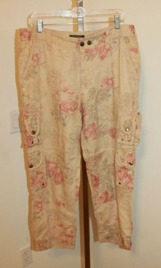 Lauren Ralph Lauren Vintage Safari Linen Cargo Pants Floral Print Sz 12 Tan
