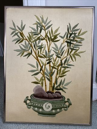 Vintage Mcm Needlepoint Crewel Framed Wall Art Floral Bamboo Framed