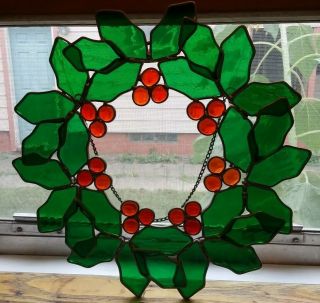 Vntg 12 " Stained Glass Christmas Wreath Window Holiday Suncatcher Holly Berry