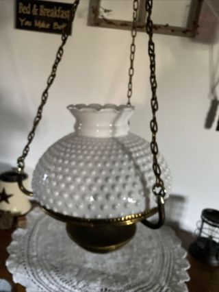 Vintage Milk Glass Hobnail Hurricane Style Hanging Swag Lamp Light