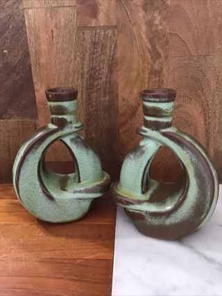 Vtg Frankoma Pottery Prairie Green Brown 5.  5 " Candlesticks Candle Holders 305
