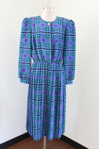 Vtg Lady Carol Green Blue Purple Plaid Printed Shirt Dress Size 14 Retro Modest