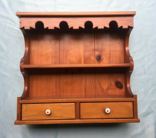 Vintage Carved Wood Wall Mount 2 Tier Spice Rack With Plate Groove And 2 Drawers