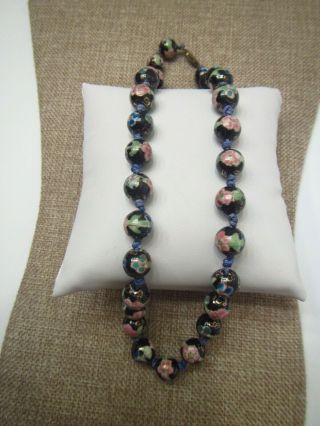 Vintage Chinese Hand Knotted Black Flower Cloisonne Glass Beaded Necklace
