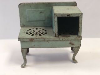 Antique Vintage Metal Toy Miniature Dollhouse Kitchen Stove Teal Weathered
