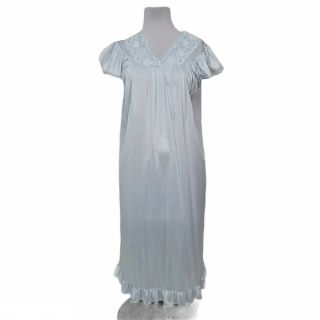 Vintage Nancy King Lingerie Light Blue Nylon Full Length Nightgown Lace Trim