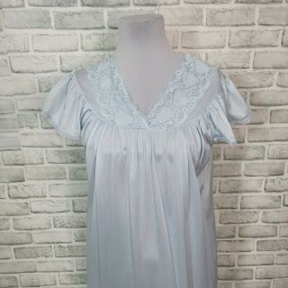 Vintage Nancy King Lingerie Light Blue Nylon Full Length Nightgown Lace Trim 3