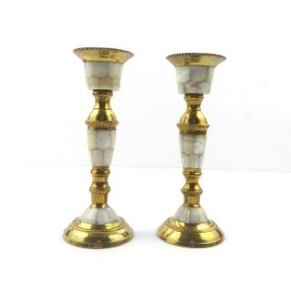 Pair Vintage Brass Mother Of Pearl Abalone Shell Inlay Candle Stick Holders