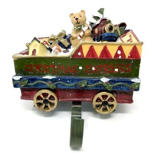 Christmas Express Toy Train Stocking Holder Hanger Teddy Bear Glittery Vintage