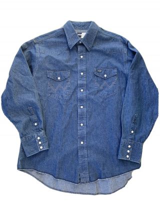 Vintage Wrangler Mens Denim Shirt Pearl Snap Cowboy Western Long Sleeve 17 X 34