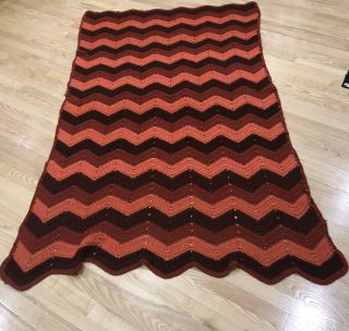 Vintage Zigzag Handmade Crochet Afghan Blanket Throw 52 " X 87 " Orang Rust 70 