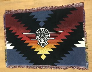 Vintage Harley Davidson Usa Throw Blanket Tapestry W/fringe 35 " X47 " Southwestern