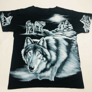 Vintage 90s All Over Print Black Wolf Nancy Blauers Custom Neck T Shirt Size L