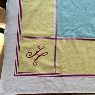 Vintage 40’s - 50’s Monogram “h” Printed Cotton Tablecloth 48” Teal Yellow Maroon