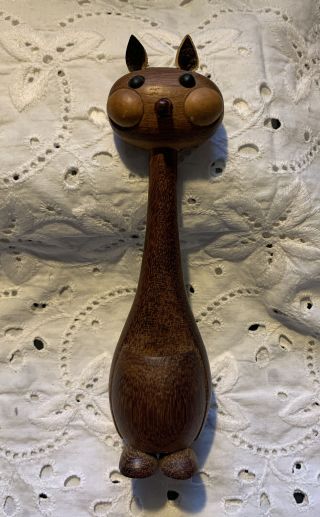 Vintage Mid Century Teak Wood Cat Toothpick Holder Figurine Sculpture