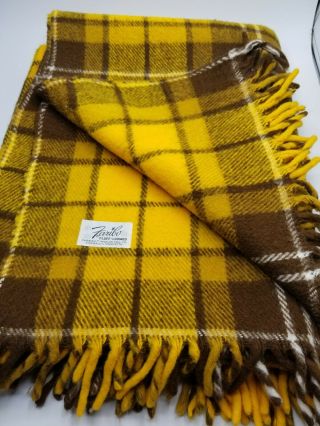 Vintage Faribo Blanket 100 Wool Fluff Loomed Fringe Yellow Plaid 64 " X 53 "