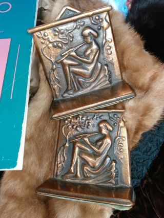 Vtg Art Deco Nouveau Cast Iron Bronze Bookends Nude Flute Player