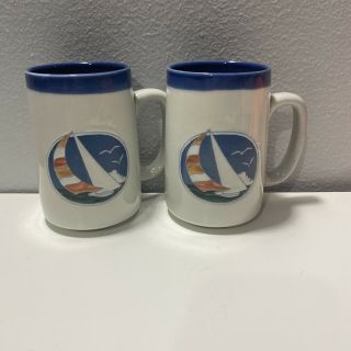 2 Vintage Gray & Cobalt Blue Big Coffee Mug Cup Sailboat Ocean Seagulls Nautical