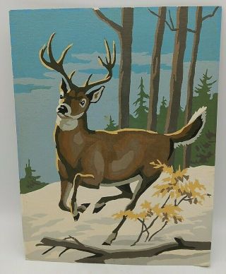 Vintage Paint By Number Deer Running In Winter Snow Trees Forest Woods Woodland