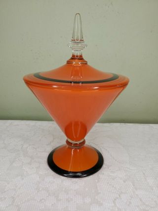 Vintage Art Deco Orange And Black Candy Dish Glass Painted Halloween