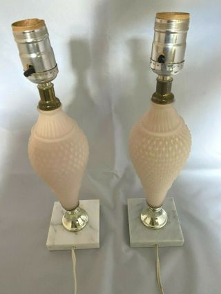 2 Vintage Pink Frosted Glass Reverse Painted Dresser Lamps - Marble Base