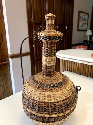Vintage Genie Bottle Shaped Hand Woven Wicker Basket Unique 14.  5” Tall