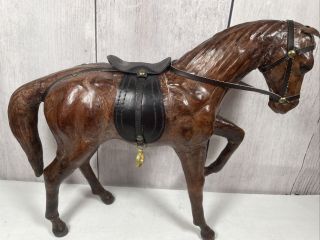 Vintage Leather Wrapped Horse Figurine Equestrian Saddle Statue Sculpture 12 "