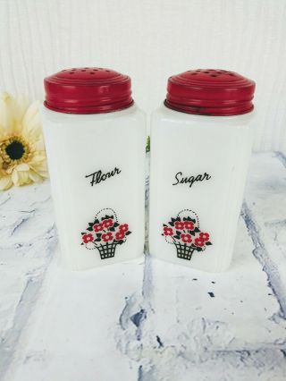 Vintage Tipp City Flower Shaker Flour Sugar Jars Milkglass W Red Lids