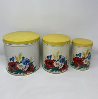 Vintage Set Of 3 Tin Metal Floral Lithograph Kitchen Canisters Yellow Lids