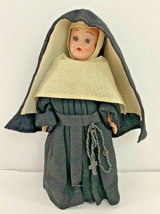 Vintage Catholic Nun Doll In Black Habit With Crucifix