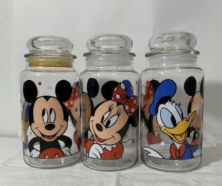 3 Vintage Disney Anchor Hocking Glass Jar Canister Mickey Minnie Donald Usa 8.  5 "