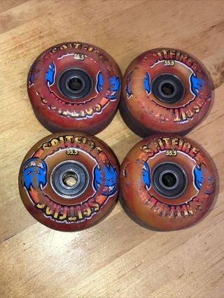 Vintage 55.  5mm Spitfire Skateboard Wheels W/ Black Beauties Bearings Light Use